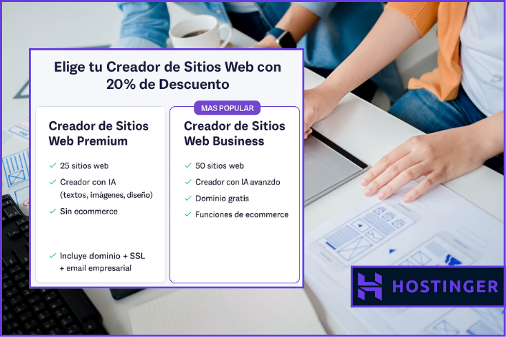 Creador de Sitios Web de Hostinger con IA - Planes Premium y Business con 20% de descuento