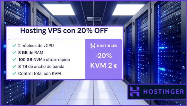 Hosting VPS de Hostinger con 20% de descuento - Servidores potentes basados en KVM